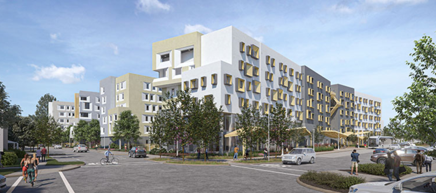 rendering of exterior of new graduate housing community.